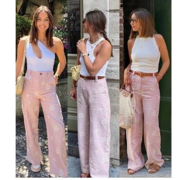 New Zara Pink Linen Blend Floral Embroidered High Rise Wide Leg Boho Pants - Picture 5 of 11